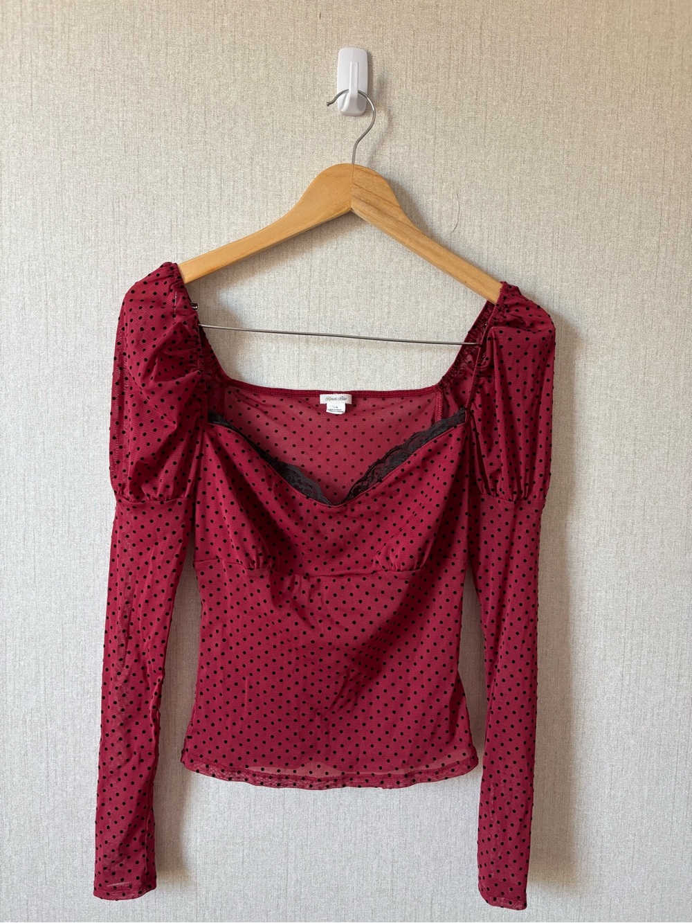 Kimchi Blue Burgundy Polka Dot Puff-Sleeve Long-Sleeve Top